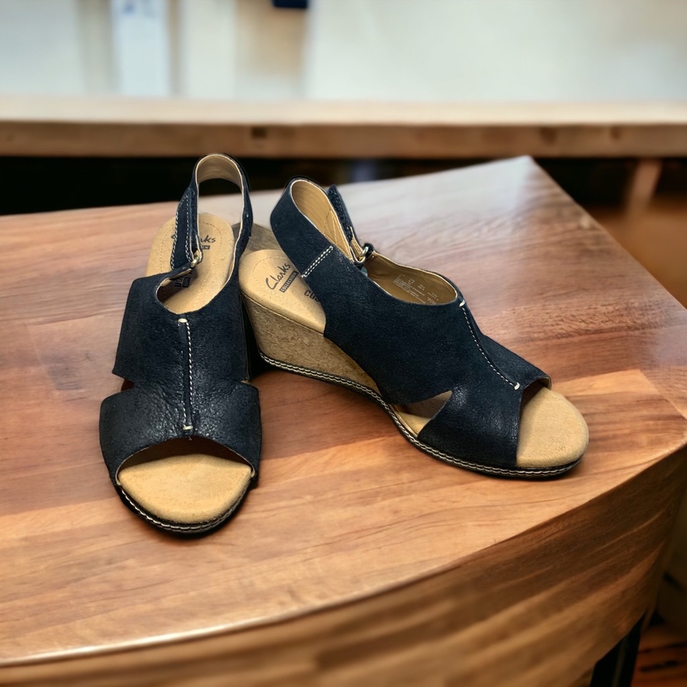 Clarks Womens Annadel Pearl Black Nubuck Wedge Sandals Soft Cushion Size 8.5